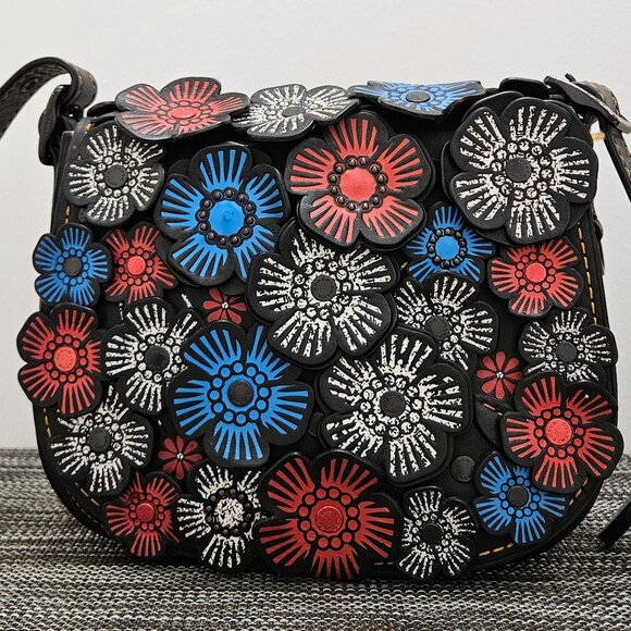 Coach Handbags - Coach Crossbody 1941 Saddle 23 Bag in Black with Red, White & Blue Tea Roses